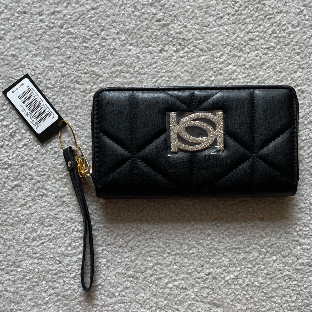 BEBE Black Quilted Wallet with Silver Logo